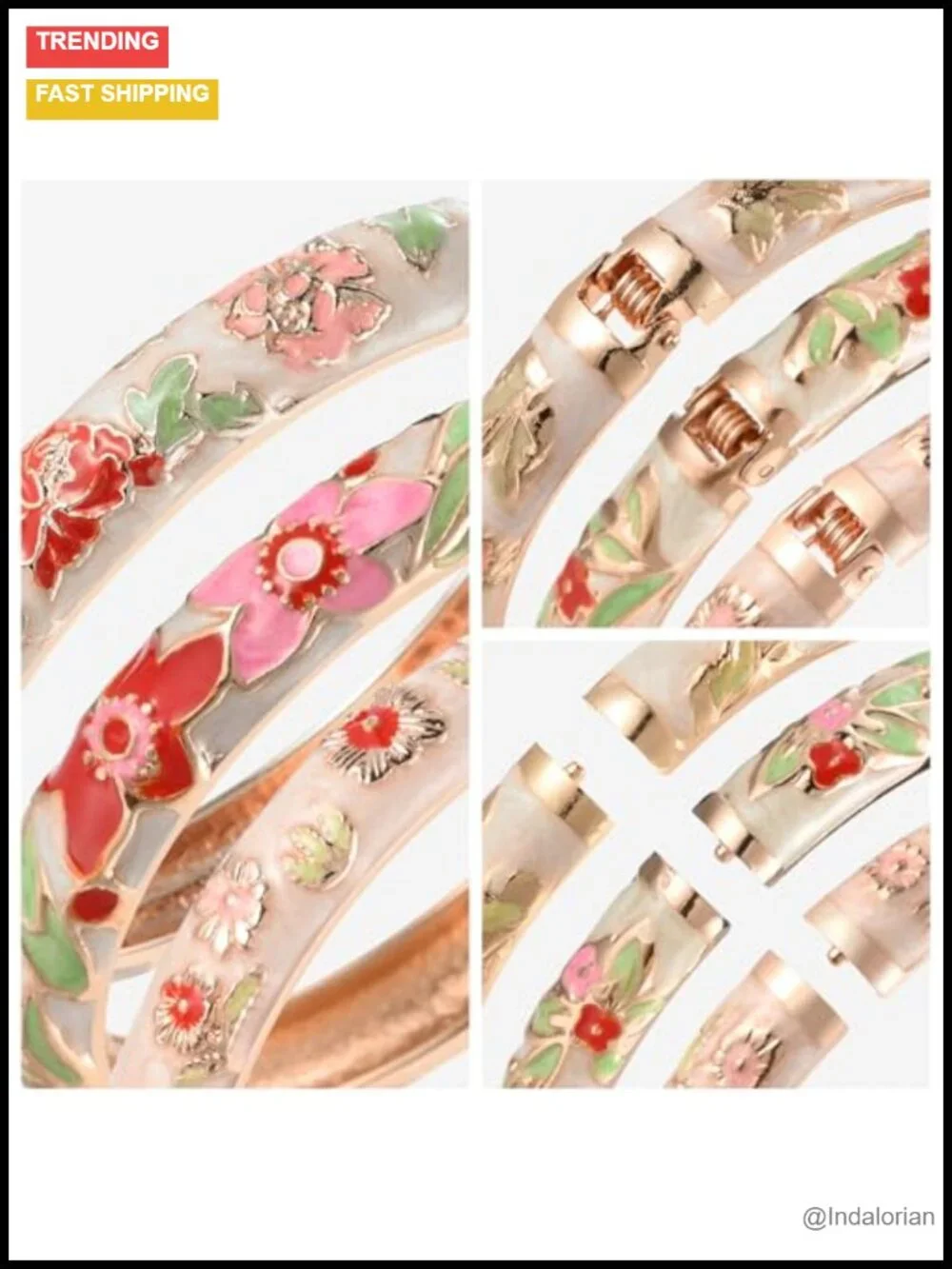 Gold Plated Enamel Hinged Cuff Bangle Set